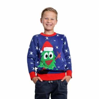 Blauwe kinderkersttrui voor kerst met kerstboom