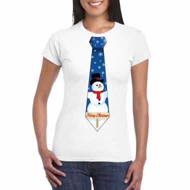 Fout kerst t shirt wit met sneeuwpop stropdas voor dames