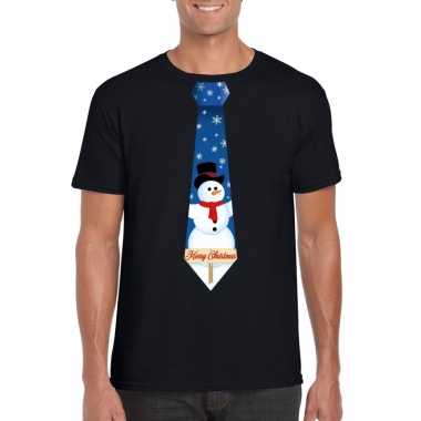 Fout kerst t shirt zwart met sneeuwpop stropdas voor heren