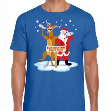 Foute kerst t shirt dronken kerstman en rudolf blauw heren