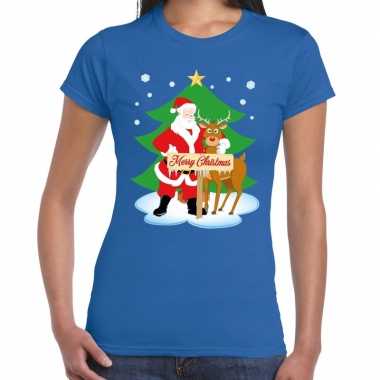 Foute kerst t shirt kerstman en rendier rudolf blauw dames