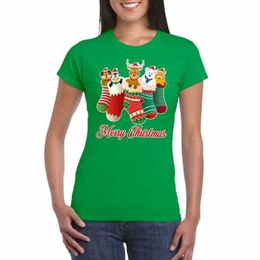 Foute kerst t shirt kerstsokken merry christmas groen voor dames