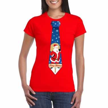 Foute kerst t shirt stropdas met kerstman print rood voor dames