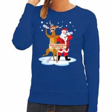 Foute kerstkersttrui dronken kerstman en rendier rudolf blauw dames