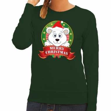Foute kerstkersttrui groen merry christmas ijsbeer voor dames