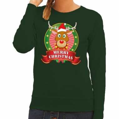 Foute kerstkersttrui groen rudolph merry christmas voor dames