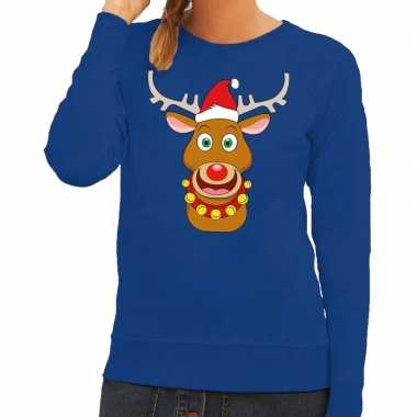 Foute kerstkersttrui rendier rudolf met rode kerstmuts blauw dames