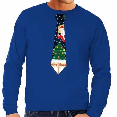 Foute kerstkersttrui stropdas met kerst print blauw voor heren