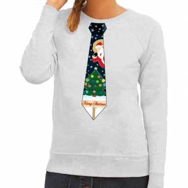 Foute kerstkersttrui stropdas met kerst print grijs voor dames