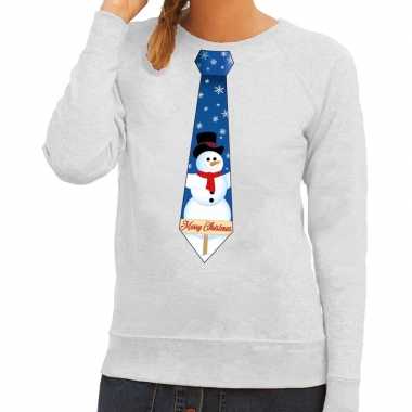 Foute kerstkersttrui stropdas met sneeuwpop print grijs voor dames