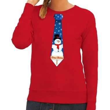Foute kerstkersttrui stropdas met sneeuwpop print rood voor dames