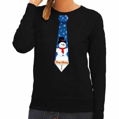 Foute kerstkersttrui stropdas met sneeuwpop print zwart voor dames