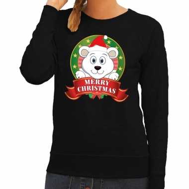 Foute kerstkersttrui zwart merry christmas ijsbeer voor dames