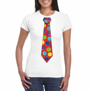 Kerst t shirt stropdas met kerstballen print wit voor dames