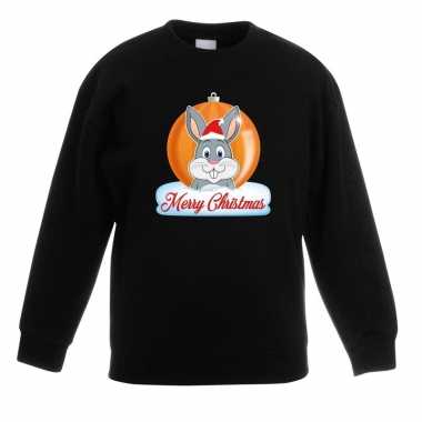 Kerstkersttrui merry christmas konijn kerstbal zwart kinderen