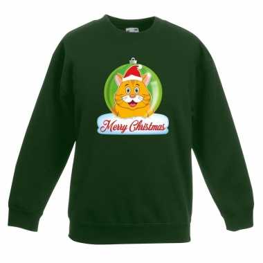 Kerstkersttrui merry christmas oranje kat / poes kerstbal groen kinde