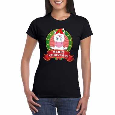 Zwarte eenhoorn kerst t shirt voor dames merry christmas