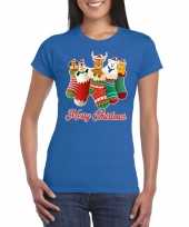 Foute kerst t-shirt kerstsokken merry christmas blauw voor dames