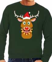 Foute kerstkersttrui rendier rudolf met rode kerstmuts groen heren