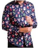 Heren kerst overhemd blouse met kerstprint donkerblauw