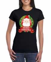 Zwarte kerst t shirt met kerstman print voor dames merry christmas